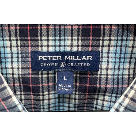 Peter Millar Crown Crafted Men’s Size L Blue Plaid Performance Button Down Shirt - Picture 4 of 5